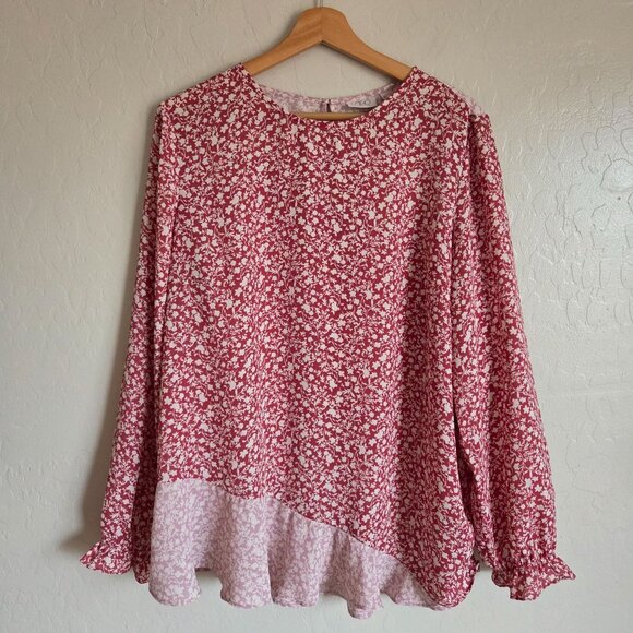 LOGO by Lori Goldstein Floral Contrast Panel Long Sleeve Ruffled Top Size L Fall - Picture 1 of 12